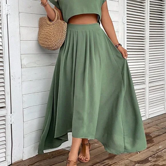 Green Boho Womens Women's Solid Color Loose Casual Two-Piece Set - Picture 4 of 6